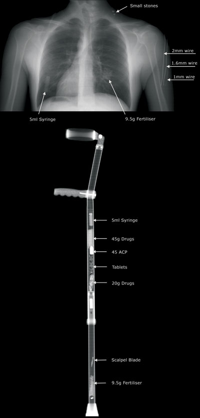 Examples of items detected on a human body and on an inanimate object using the Scannex